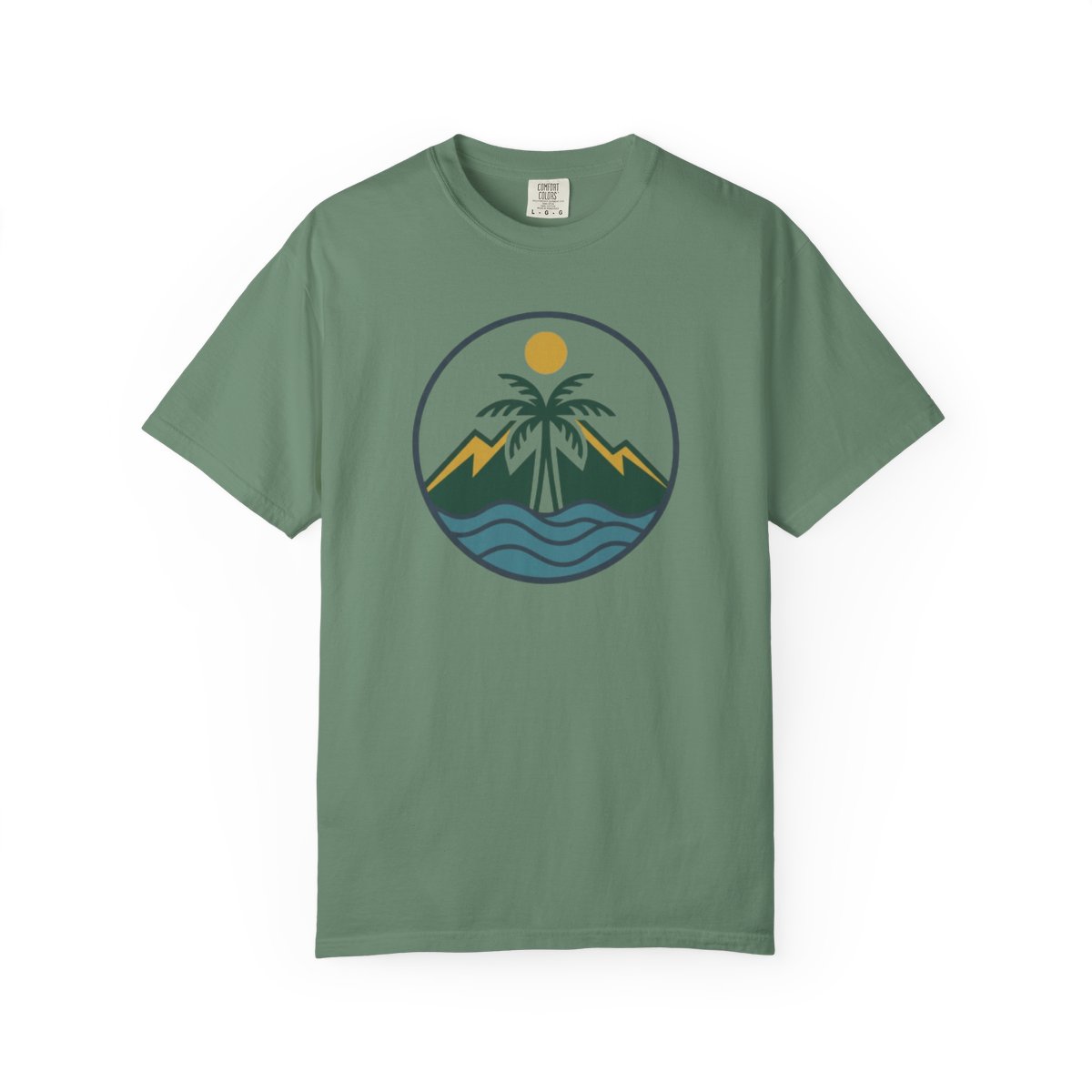Tropical Island Palm Circle Tee | Mountain Sunset Wave Graphic